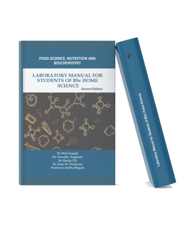 Book cover of Laboratory Manual for Students of BSc Home Science featuring blue and grey academic design with scientific molecular illustrations and book spine mockup.