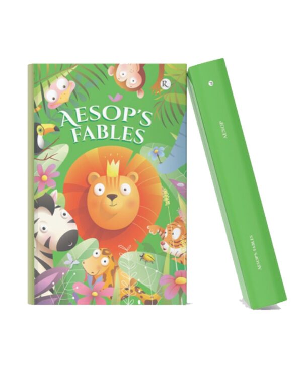 Colorful hardcover edition of Aesop’s Fables featuring illustrated jungle animals including a lion, zebra, monkey, and tiger.