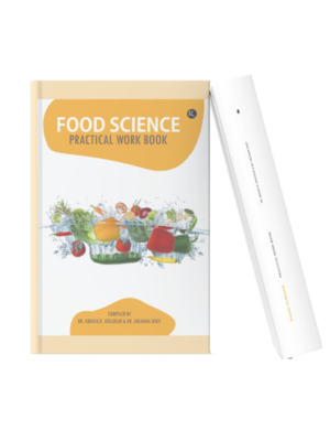 Food Science – Practical Work Book Academic practical workbook on food science featuring fresh vegetables and food ingredients, designed for nutrition, food technology, and laboratory studies.