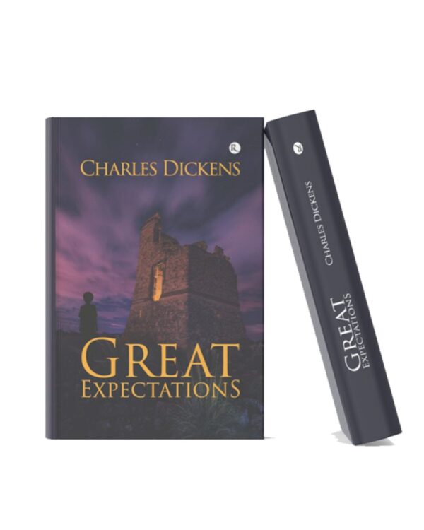 Dark-themed hardcover edition of Great Expectations by Charles Dickens featuring a mysterious old tower under a purple evening sky.