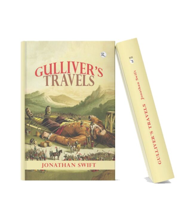 Classic hardcover edition of Gulliver’s Travels by Jonathan Swift featuring Gulliver surrounded by tiny people in a fantasy landscape.