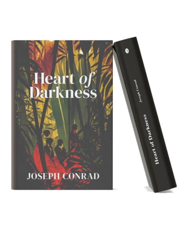 Dark-themed hardcover edition of Heart of Darkness by Joseph Conrad featuring jungle-inspired artwork and shadowed human figures.