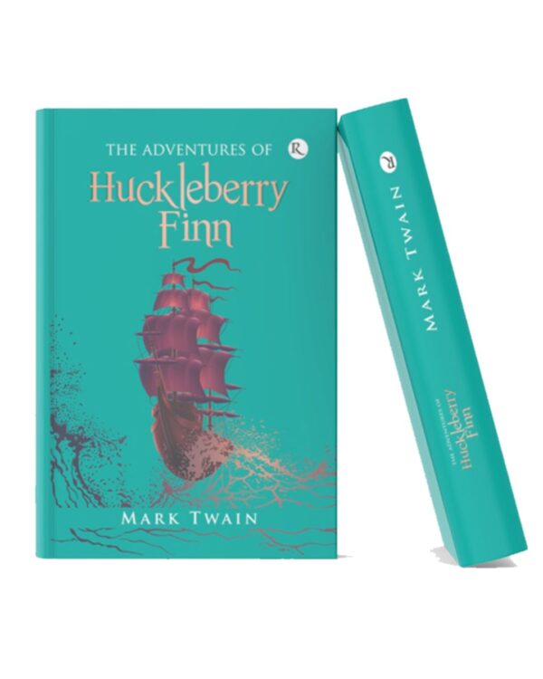 The Adventures of Huckleberry Finn book cover featuring a sailing ship design on a turquoise background.
