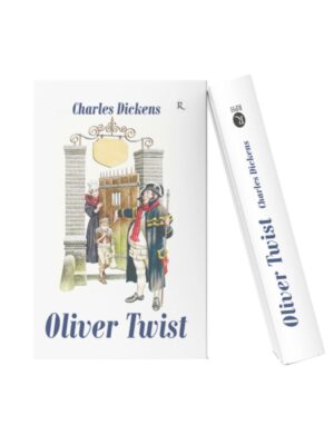 Book cover of "Oliver Twist" by Charles Dickens featuring an illustrated Victorian-era scene with a gatekeeper, a young boy, and a woman standing near a large gate. The title appears in blue text on a white background, with the book spine displayed alongside the cover.