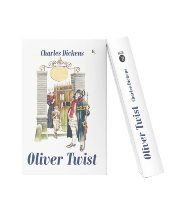 Book cover of "Oliver Twist" by Charles Dickens featuring an illustrated Victorian-era scene with a gatekeeper, a young boy, and a woman standing near a large gate. The title appears in blue text on a white background, with the book spine displayed alongside the cover.