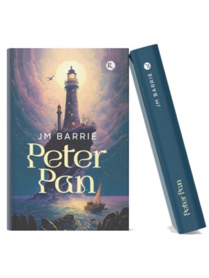 Book cover of Peter Pan by J.M. Barrie featuring a glowing lighthouse on a rocky island, a sailboat on the sea, and a moonlit fantasy sky.