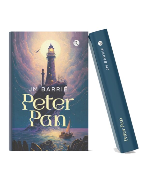 Book cover of Peter Pan by J.M. Barrie featuring a glowing lighthouse on a rocky island, a sailboat on the sea, and a moonlit fantasy sky.