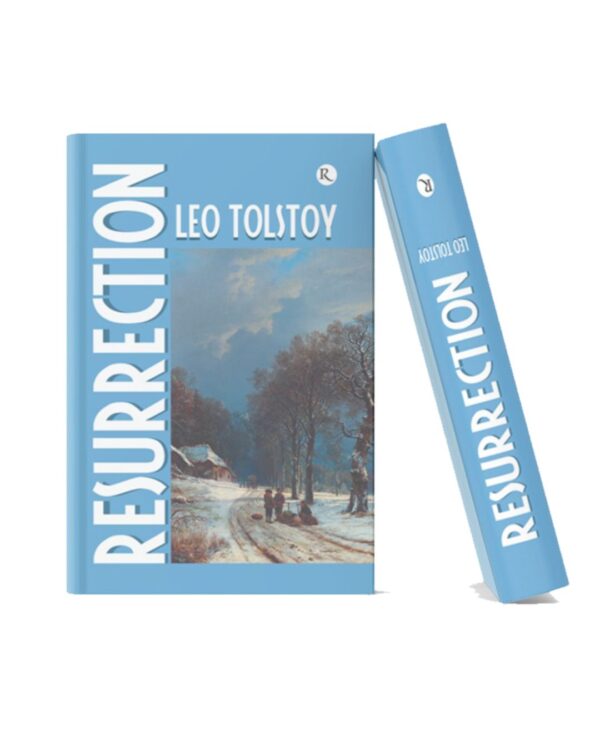 Book cover of Resurrection by Leo Tolstoy featuring a winter countryside landscape with snow-covered roads, trees, and figures walking along a path.