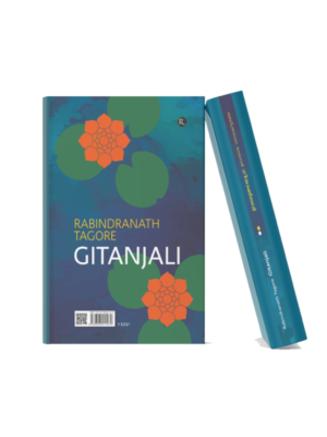 Gitanjali – Classic Poetry Collection by Rabindranath Tagore Book cover of Gitanjali by Rabindranath Tagore featuring a blue artistic background with green leaf-like patterns and orange floral designs, displayed alongside the book spine in a mockup style.