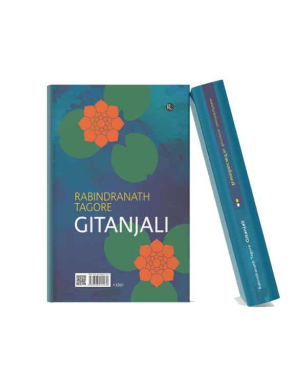 Book cover of Gitanjali by Rabindranath Tagore featuring a blue artistic background with green leaf-like patterns and orange floral designs, displayed alongside the book spine in a mockup style.