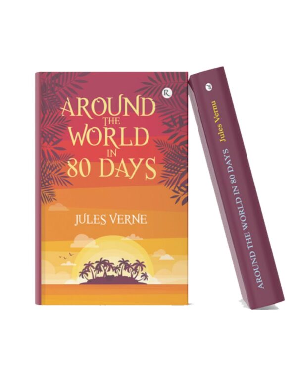 Colorful hardcover edition of Around the World in 80 Days by Jules Verne featuring sunset and tropical island artwork.
