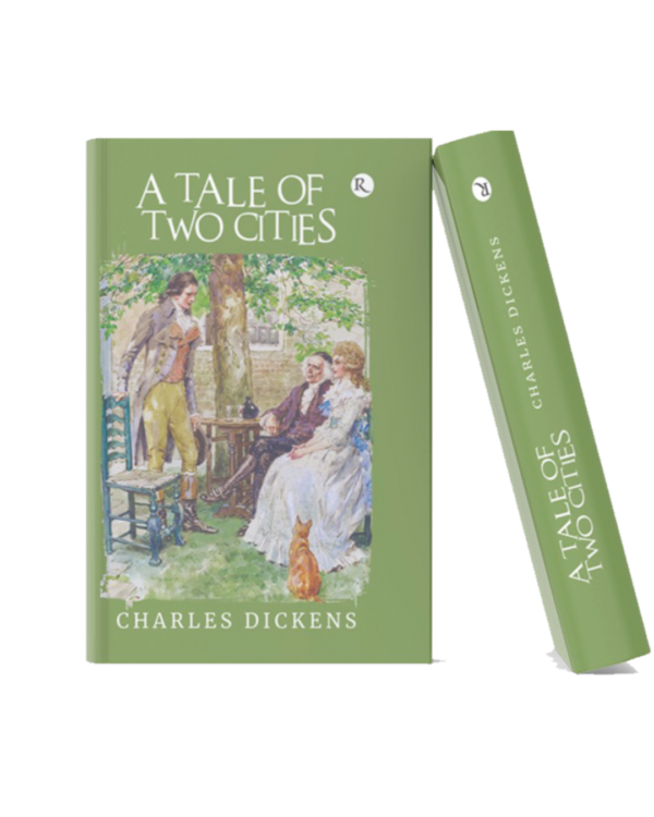 Green hardcover edition of A Tale of Two Cities by Charles Dickens with vintage illustrated cover art.
