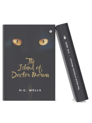 Book cover of The Island of Doctor Moreau by H. G. Wells featuring glowing cat-like eyes on a dark background.