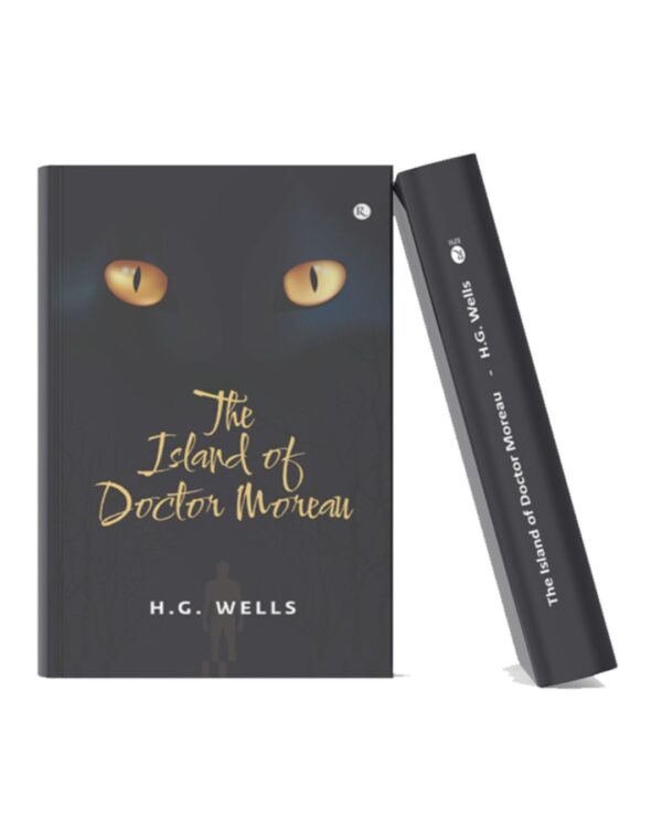 Book cover of The Island of Doctor Moreau by H. G. Wells featuring glowing cat-like eyes on a dark background.