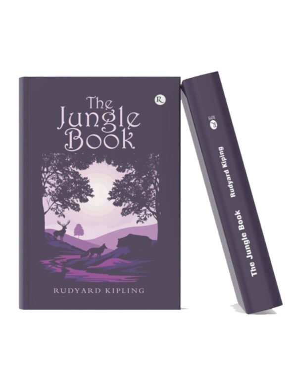 Book cover of The Jungle Book by Rudyard Kipling featuring a purple-toned jungle landscape with animal silhouettes and trees.