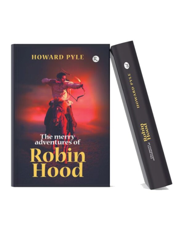 Book cover of The Merry Adventures of Robin Hood by Howard Pyle featuring an archer on horseback against a dramatic red sunset background.