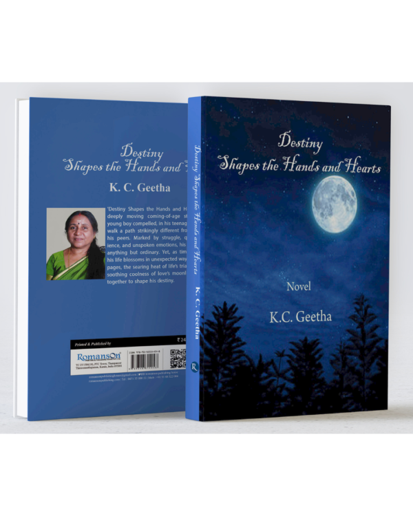 Blue-themed book cover of Destiny Shapes the Hands and Hearts by K. C. Geetha featuring a moonlit night sky and silhouettes of trees.