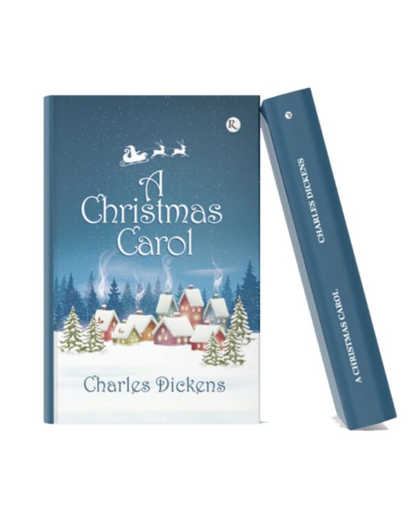 Blue hardcover edition of A Christmas Carol by Charles Dickens featuring a snowy winter village and festive night sky.