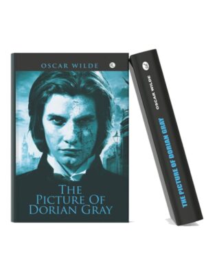 Book cover of The Picture of Dorian Gray by Oscar Wilde featuring a young man's face with a cracked and mysterious appearance on a dark blue background.