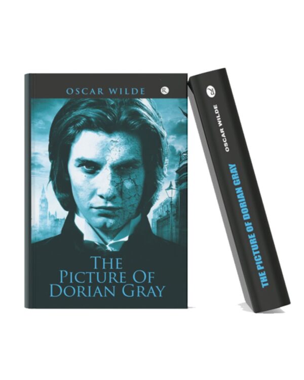 Book cover of The Picture of Dorian Gray by Oscar Wilde featuring a young man's face with a cracked and mysterious appearance on a dark blue background.