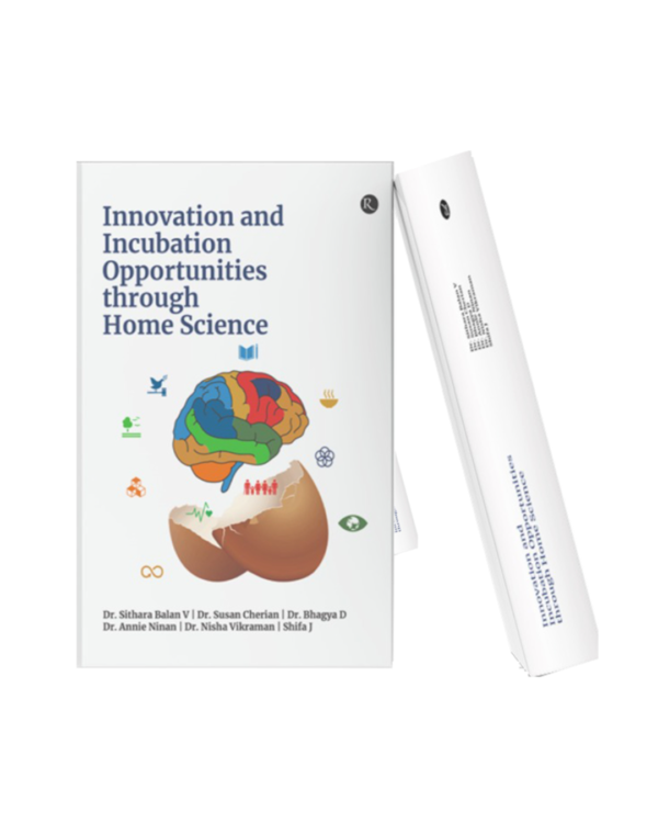 Book cover of Innovation and Incubation Opportunities through Home Science featuring a colorful brain illustration emerging from an eggshell with educational and innovation-themed icons on a white background.