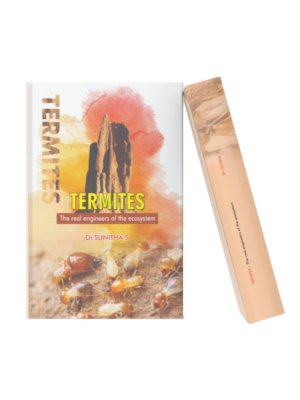 Book cover of Termites: The Real Engineers of the Ecosystem featuring termite insects, a termite mound, and warm earthy tones with scientific-themed design and book spine mockup.