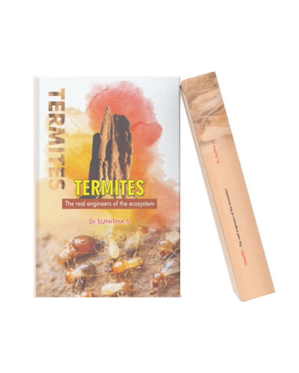 Book cover of Termites: The Real Engineers of the Ecosystem featuring termite insects, a termite mound, and warm earthy tones with scientific-themed design and book spine mockup.