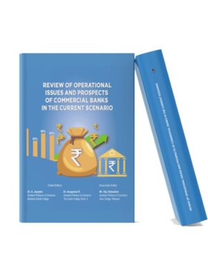 Book cover of Review of Operational Issues and Prospects of Commercial Banks in the Current Scenario featuring banking and finance-themed illustrations with blue academic design and book spine mockup.