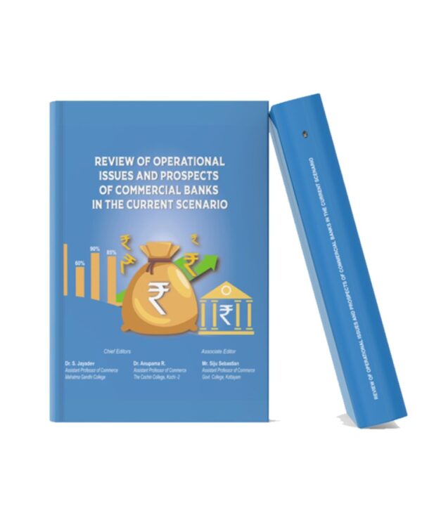 Book cover of Review of Operational Issues and Prospects of Commercial Banks in the Current Scenario featuring banking and finance-themed illustrations with blue academic design and book spine mockup.