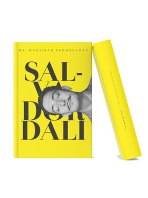 Salvador Dali Book cover of Salvador Dali featuring a bright yellow background with bold typography and a monochrome portrait illustration in modern artistic style alongside book spine mockup.
