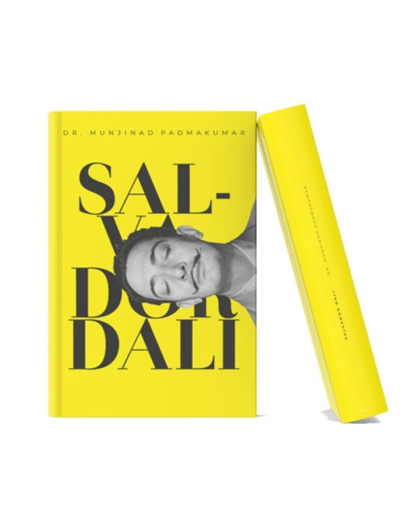 Book cover of Salvador Dali featuring a bright yellow background with bold typography and a monochrome portrait illustration in modern artistic style alongside book spine mockup.
