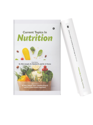 Current Topics in Nutrition Academic nutrition book featuring healthy vegetables and food items, focused on modern nutrition topics, health awareness, and dietary studies.