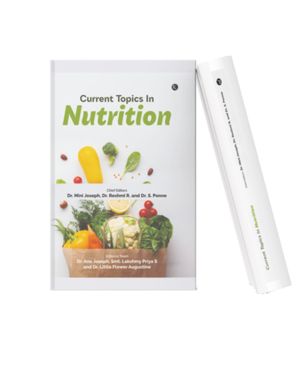 Academic nutrition book featuring healthy vegetables and food items, focused on modern nutrition topics, health awareness, and dietary studies.