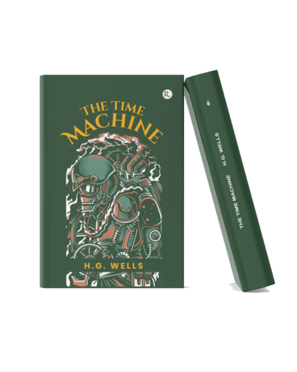 Book cover of The Time Machine by H. G. Wells featuring a futuristic mechanical figure and clockwork elements on a dark green background.