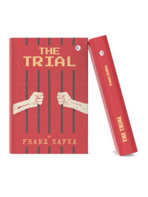 The Trial by Franz Kafka | Classic Literary Fiction Novel Book cover of The Trial by Franz Kafka featuring prison bars and two clenched fists reaching toward each other on a red background