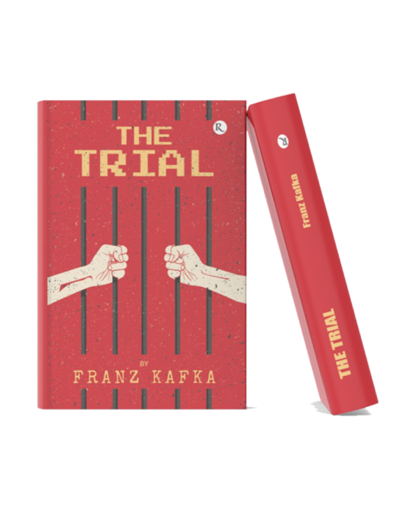 Book cover of The Trial by Franz Kafka featuring prison bars and two clenched fists reaching toward each other on a red background