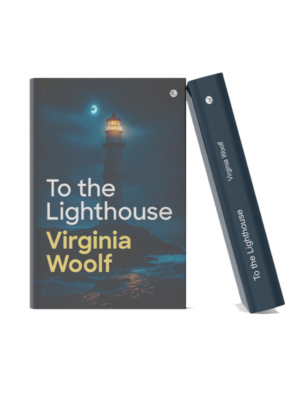 Book mockup of "To the Lighthouse" by Virginia Woolf featuring a glowing lighthouse at night beside the sea under a crescent moon, displayed in a realistic 3D hardcover format.