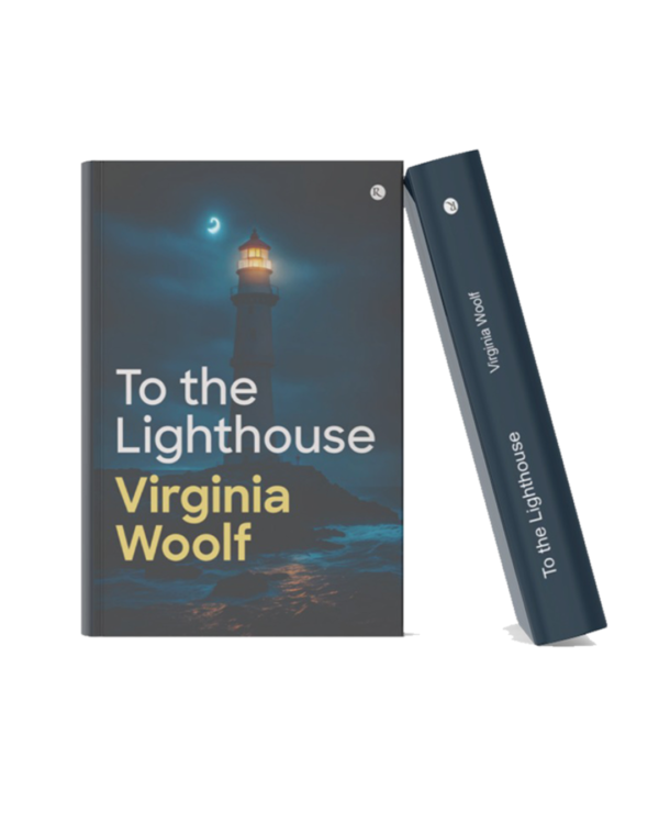 To the Lighthouse Book mockup of "To the Lighthouse" by Virginia Woolf featuring a glowing lighthouse at night beside the sea under a crescent moon, displayed in a realistic 3D hardcover format.
