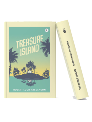 Book mockup of "Treasure Island" by Robert Louis Stevenson featuring a tropical island, palm trees, sailing ships, and a vintage adventure-themed design in a realistic 3D hardcover display.
