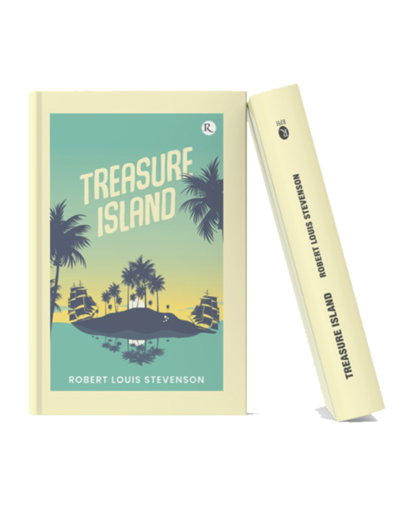 Book mockup of "Treasure Island" by Robert Louis Stevenson featuring a tropical island, palm trees, sailing ships, and a vintage adventure-themed design in a realistic 3D hardcover display.