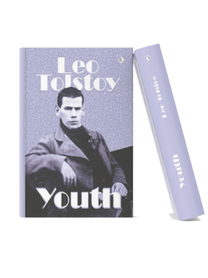 Book mockup of "Youth" by Leo Tolstoy featuring a vintage portrait of a young man on a decorative lavender background, displayed in a realistic 3D hardcover format.