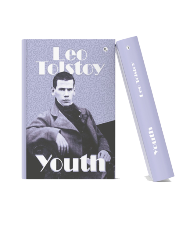 Youth Book mockup of "Youth" by Leo Tolstoy featuring a vintage portrait of a young man on a decorative lavender background, displayed in a realistic 3D hardcover format.