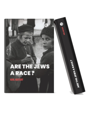 Book mockup of "Are the Jews a Race?" by Karl Kautsky featuring a black-and-white historical photograph on a black cover, displayed in a realistic 3D hardcover format.
