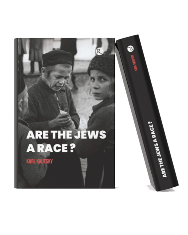 Are the Jews a Race? Book mockup of "Are the Jews a Race?" by Karl Kautsky featuring a black-and-white historical photograph on a black cover, displayed in a realistic 3D hardcover format.