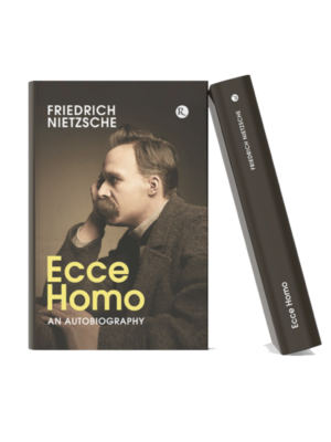 Book mockup of *Ecce Homo* by Friedrich Nietzsche featuring a portrait of the philosopher on a dark brown cover, displayed in a realistic 3D hardcover format with the title and author name prominently shown.