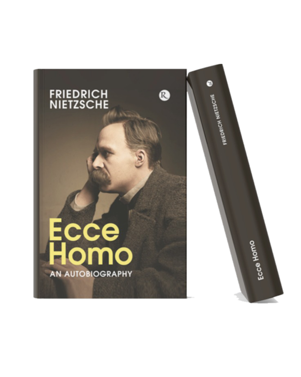 Ecce Homo Book mockup of *Ecce Homo* by Friedrich Nietzsche featuring a portrait of the philosopher on a dark brown cover, displayed in a realistic 3D hardcover format with the title and author name prominently shown.