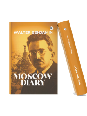 Book mockup of "Moscow Diary" by Walter Benjamin featuring a sepia-toned portrait of the author with a Moscow cityscape background, displayed in a realistic 3D hardcover format.