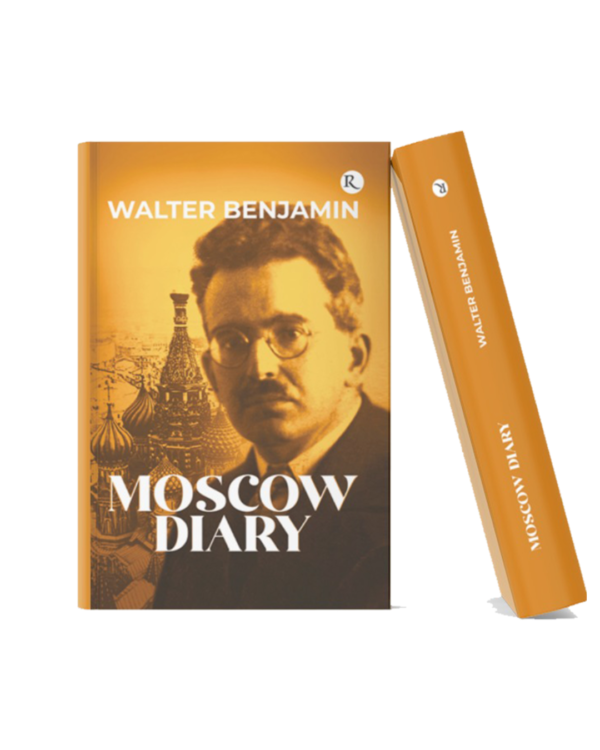 Moscow Diary by Walter Benjamin Book mockup of "Moscow Diary" by Walter Benjamin featuring a sepia-toned portrait of the author with a Moscow cityscape background, displayed in a realistic 3D hardcover format.
