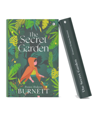 Book mockup of "The Secret Garden" by Frances Hodgson Burnett featuring an illustrated child walking through a lush green garden surrounded by tropical foliage, displayed in a realistic 3D hardcover format.