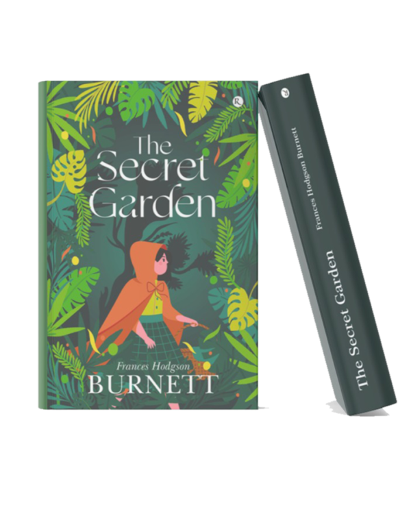 Book mockup of "The Secret Garden" by Frances Hodgson Burnett featuring an illustrated child walking through a lush green garden surrounded by tropical foliage, displayed in a realistic 3D hardcover format.